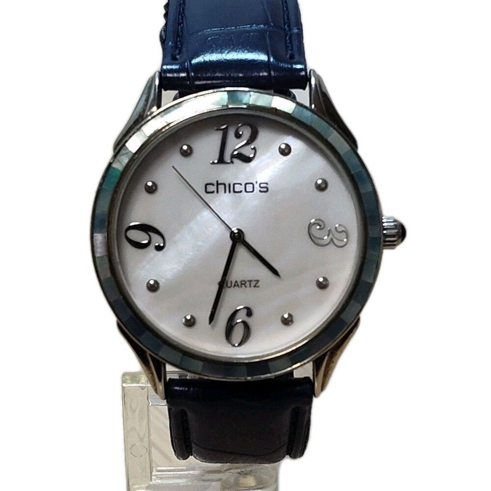 Chico's Womens Watch 39mm Silver Tone Navy Blue Leather  Band New Battery 2/2026